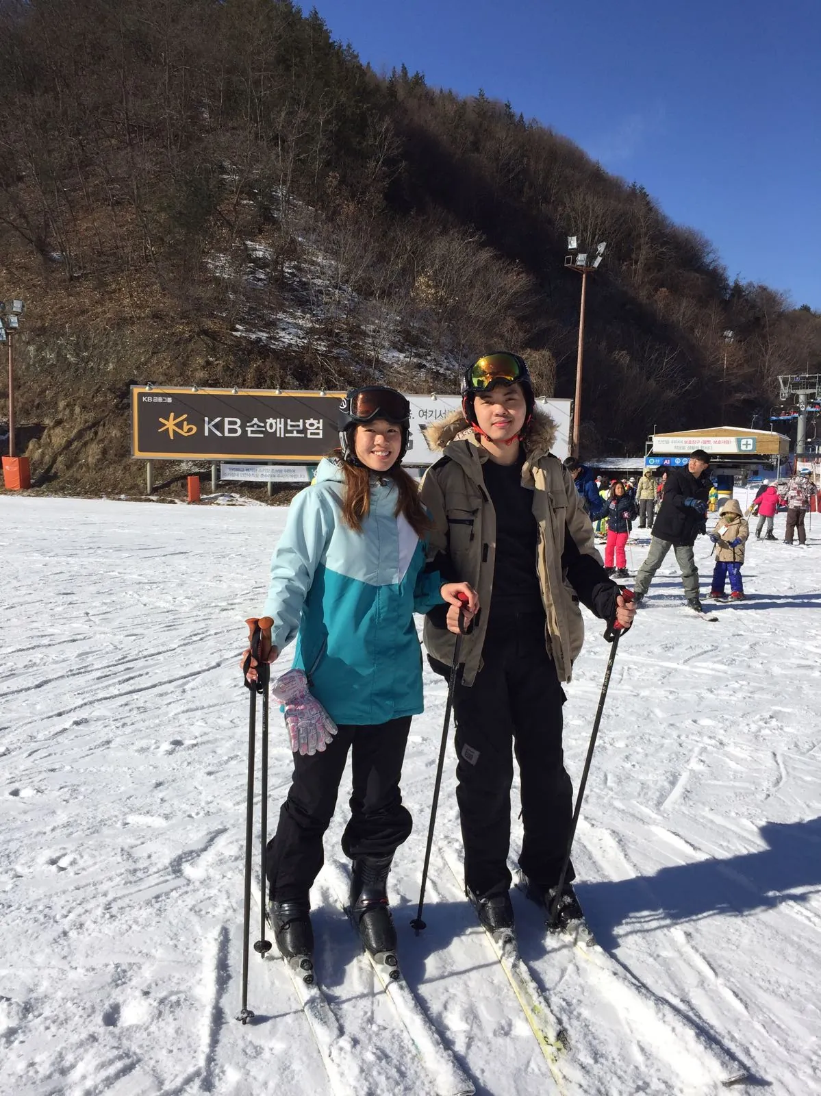 Nicholas and his wife dressed for skiing at Elysian Gangchon Ski Resort