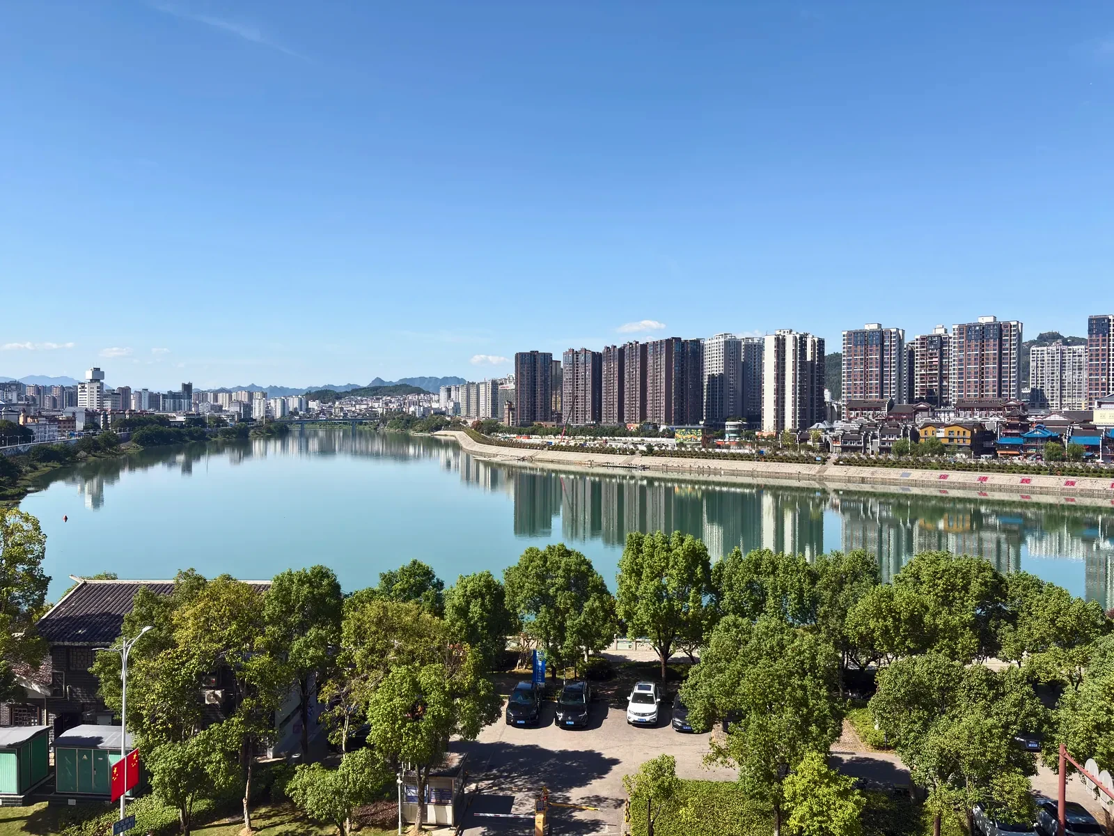 River and cityscape viewed from the Zhangjiajie homestay