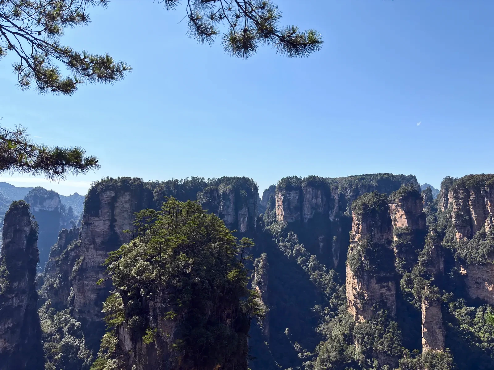 Sheer sandstone pillars stretching across Yuanjiajie
