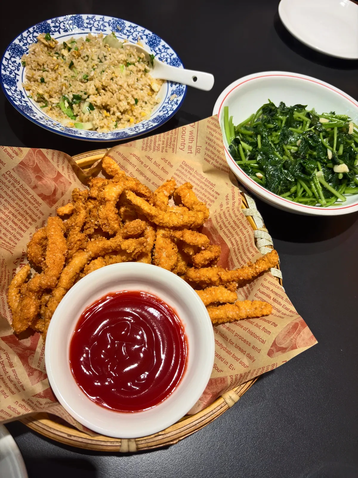 Fried snacks, rice and greens served for lunch near Tianmen Mountain